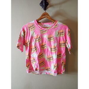 Muzicun Pink Cropped T-Shirt Cheeseburger Distressed  Pop Art Foodie Neon Large
